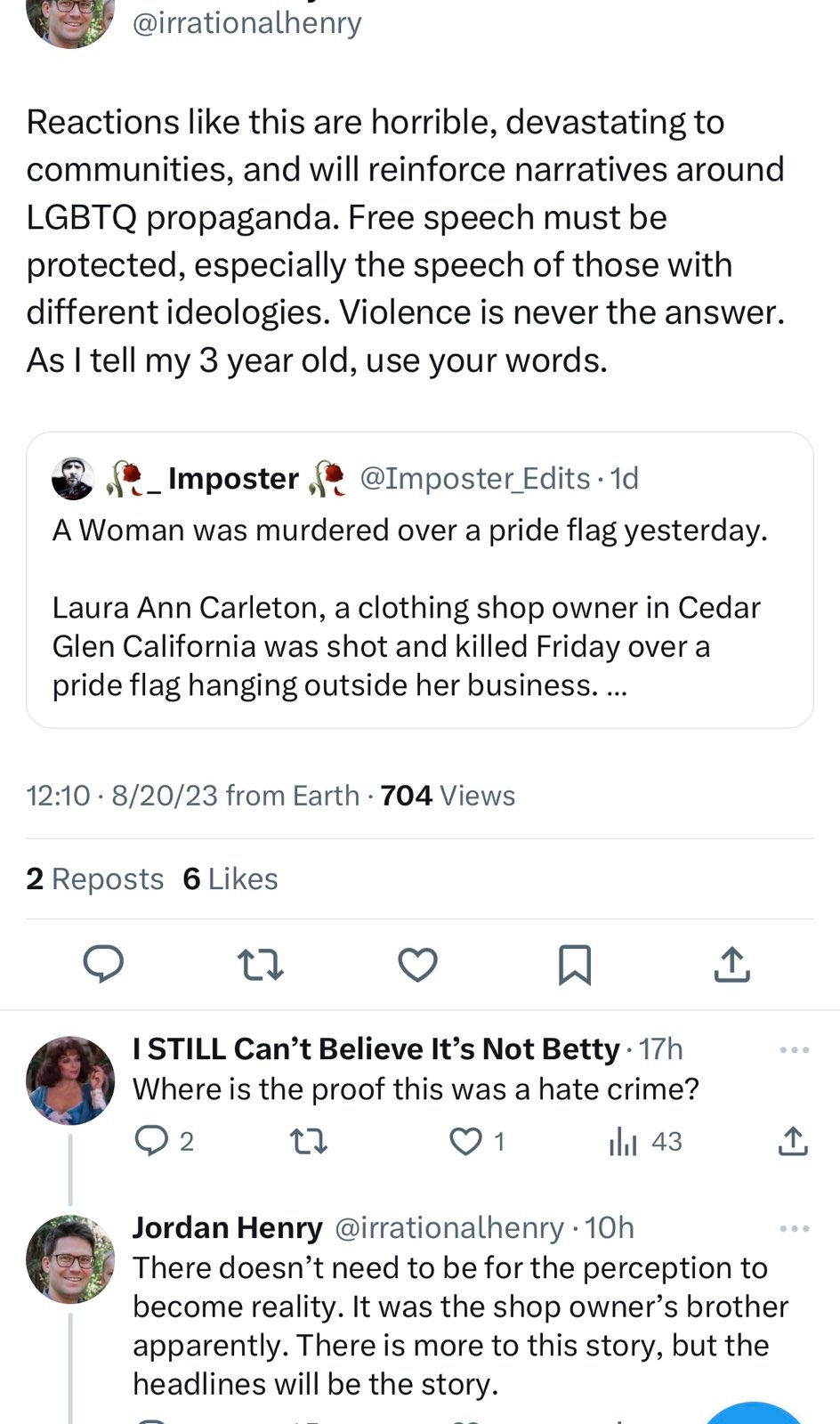 Jordan Henry instagram post responding to the news of Lauri Carleton's murder.