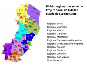 Distribuição Regional das Sedes do Projeto Social do Cidadão no Estado do Espírito Santo.