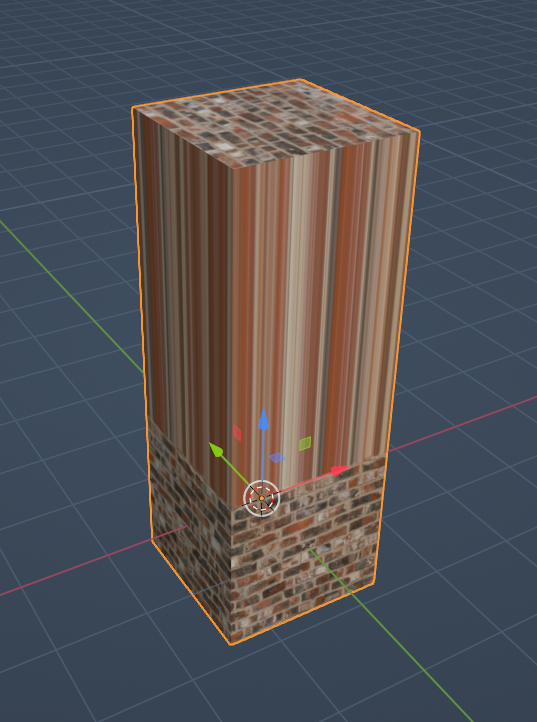 Captura de pantalla en Blender mostrando un modelo 3D de un cubo con texturas de ladrillo en la base y madera en la parte superior, ilustrando el uso de la herramienta 'Correct Face Attributes' para mantener las texturas alineadas correctamente durante la edición.