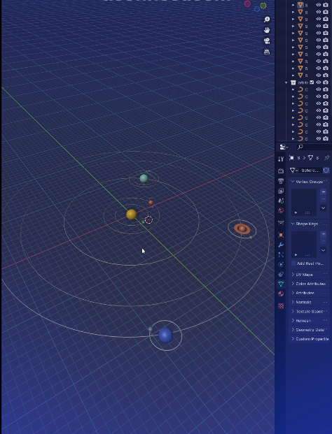 Captura de pantalla de Blender mostrando un sistema solar simplificado con esferas representando planetas en diferentes órbitas, ilustrando el concepto de emparentamiento en la animación 3D.