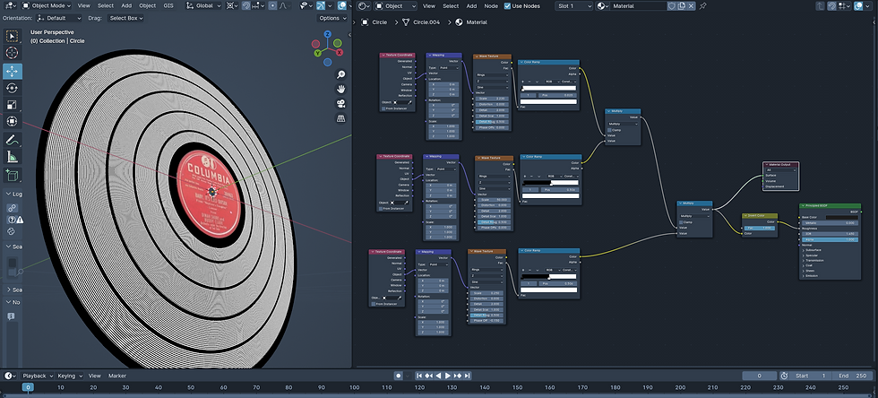 Captura de pantalla mostrando un nodo de Wave Texture conectado a un Color Ramp en Blender, con la vista de un disco de vinilo texturizado en el fondo, ilustrando el proceso de texturización detallada.