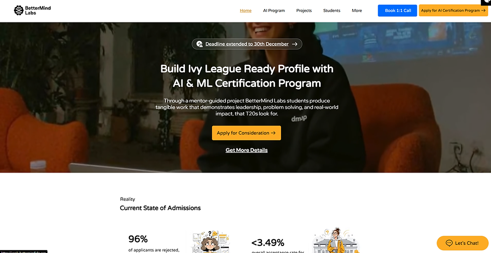 BetterMind Labs webpage with AI & ML Certification Program hero banner, orange chairs, and Apply for Consideration button.