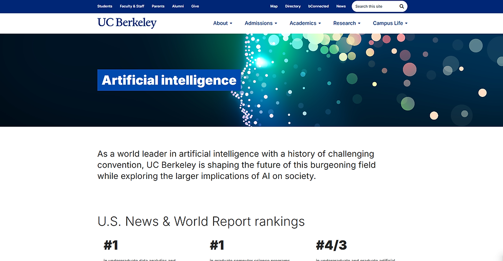 UC Berkeley AI page with colorful bubble pattern. Text highlights leadership in AI, societal impact, and top rankings.