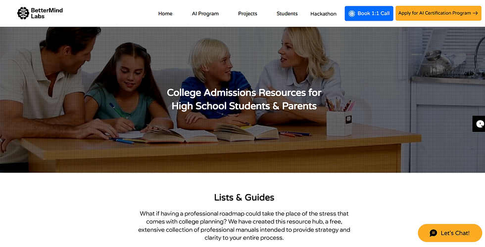 Smiling adults and children study together at a table with books. Text reads College Admissions Resources for High School Students & Parents.