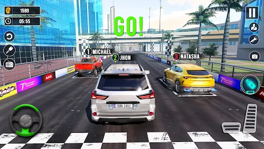 Three cars at a starting line in a racing video game. Names above each car: Michael, Jhon, Natasha. "GO!" in green above. Urban backdrop.