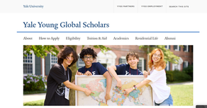 Four Yale Young Global Scholars teens smile and point at a world map on campus, with Yale page navigation above.