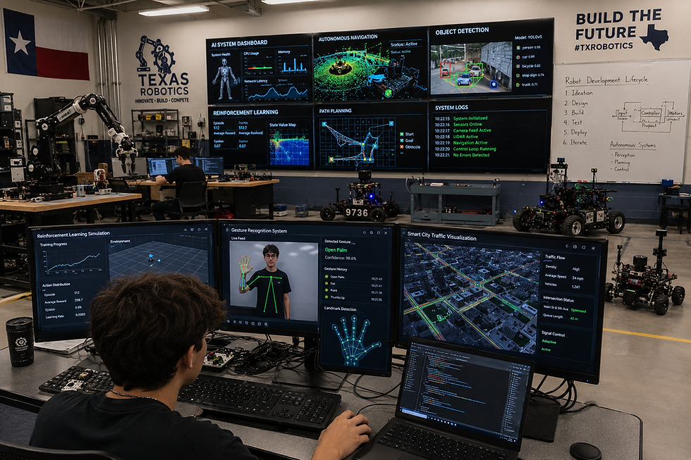 Student at robotics lab computer monitors AI dashboards, gesture recognition, and smart city traffic; Texas Robotics wall and robots.