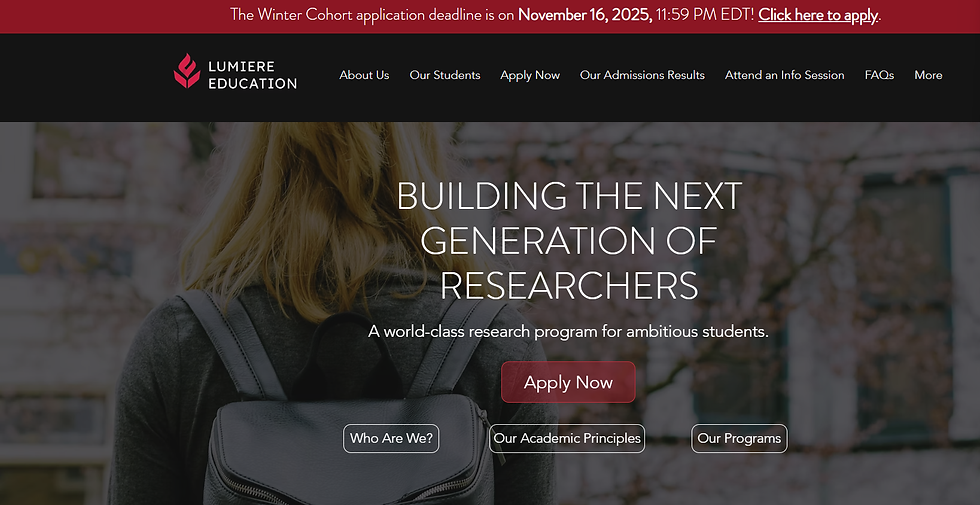 Blonde person with backpack facing blurred background. "Building the Next Generation of Researchers" text and red "Apply Now" button visible.