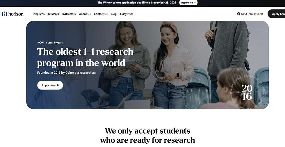 Group of young adults using devices, smiling in a modern setting. Text highlights "The oldest 1-1 research program in the world."