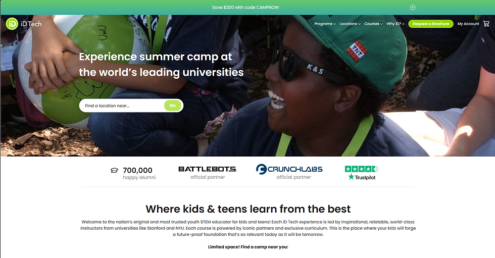 iD Tech camp webpage with smiling kids outdoors; headline says Experience summer camp at the world’s leading universities