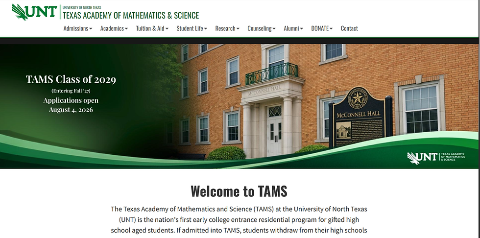 UNT Texas Academy of Mathematics & Science homepage with McConnell Hall banner and TAMS Class of 2029 application notice