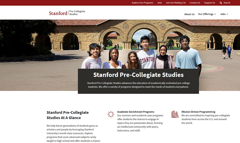 Group of students smiling in front of Stanford arches. Header reads "Stanford Pre-Collegiate Studies." Sunny day, arched building in background.
