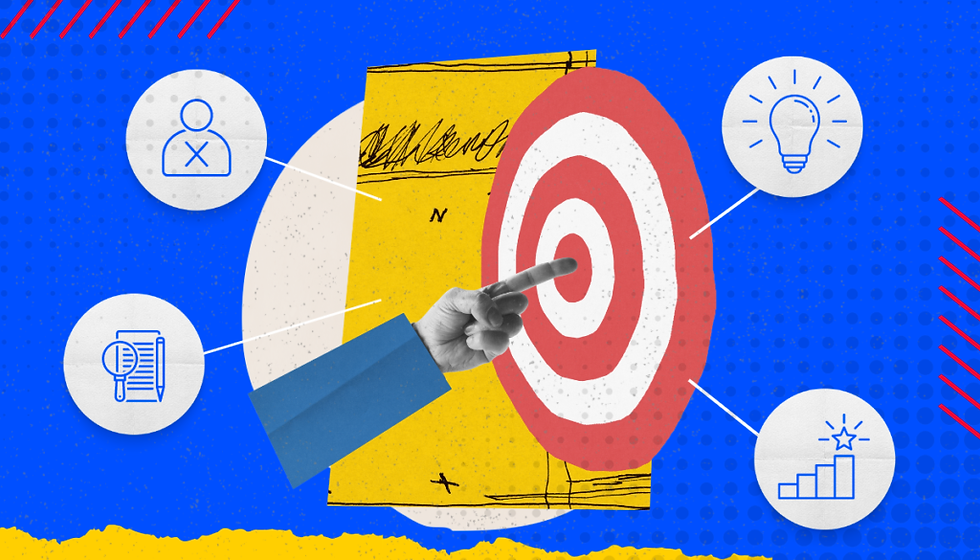 Hand points at red target on blue background. Surrounding icons: crossed-out person, documents, lightbulb, chart. Yellow, blue, red hues.