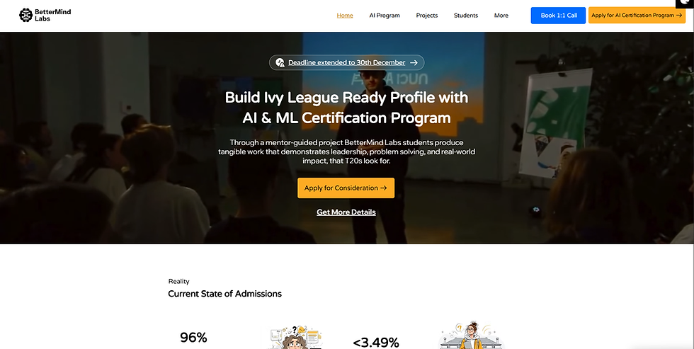 BetterMind Labs website homepage with AI & ML certification banner, call-to-action buttons, and admissions stats below.