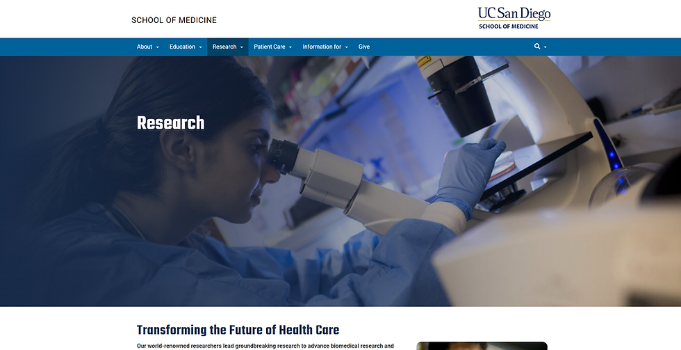 Researcher in blue gloves using a microscope in a lab setting. Text on image: Research. UC San Diego School of Medicine website.