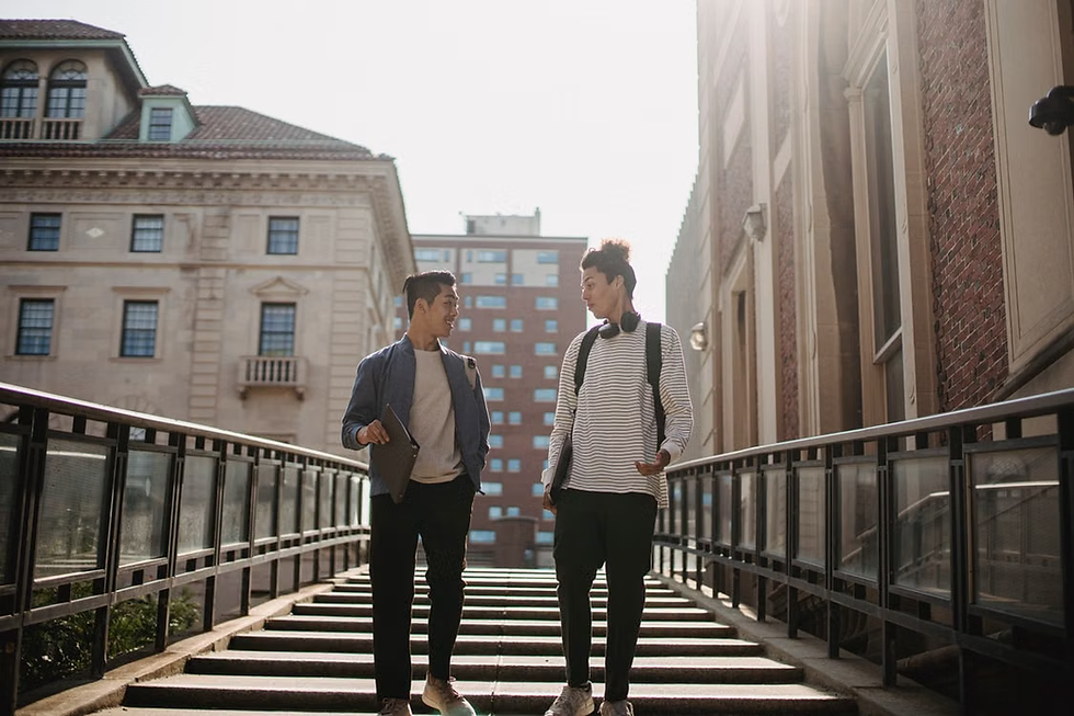 Two young men walk and talk on a sunlit outdoor stairway between campus buildings, carrying notebooks and backpacks.