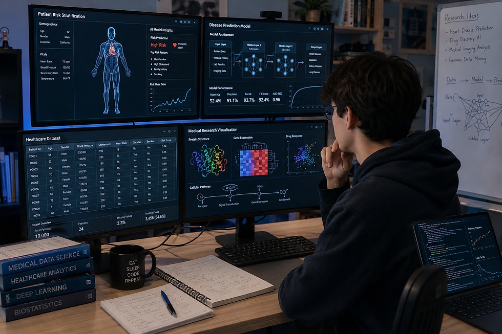 Person analyzing medical data on multiple monitors in a tech-focused workspace; books, notes, and a whiteboard are visible. Mood: focused.