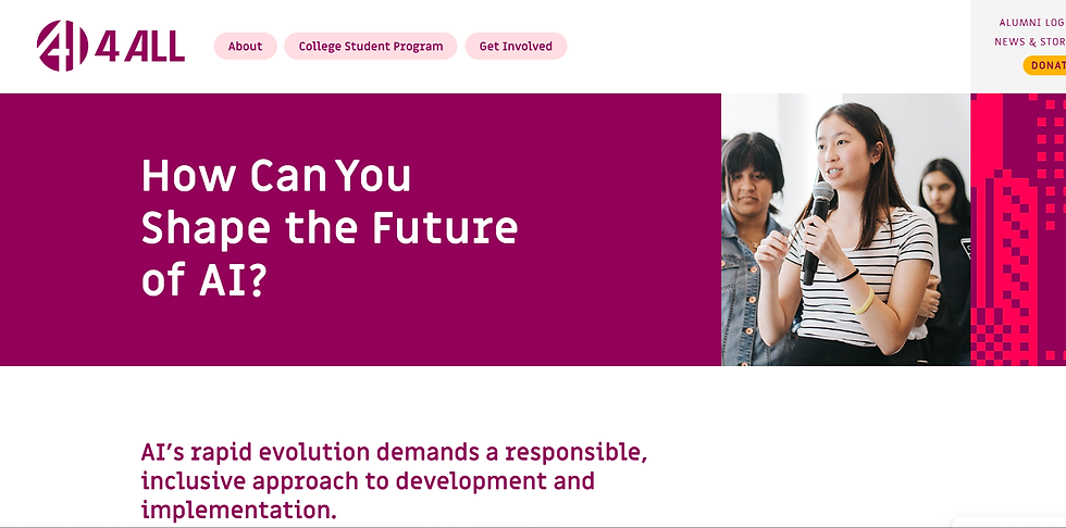 A woman speaks into a microphone, engaging an audience. Bold text asks, "How Can You Shape the Future of AI?" The theme is bold and futuristic.