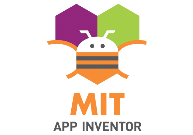 Bee logo with purple and green shapes, striped orange body, above text: "MIT APP INVENTOR" in orange and gray, on white background.