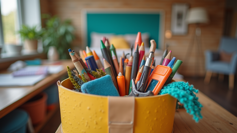 Eye-level view of a colorful craft box filled with various crafting supplies