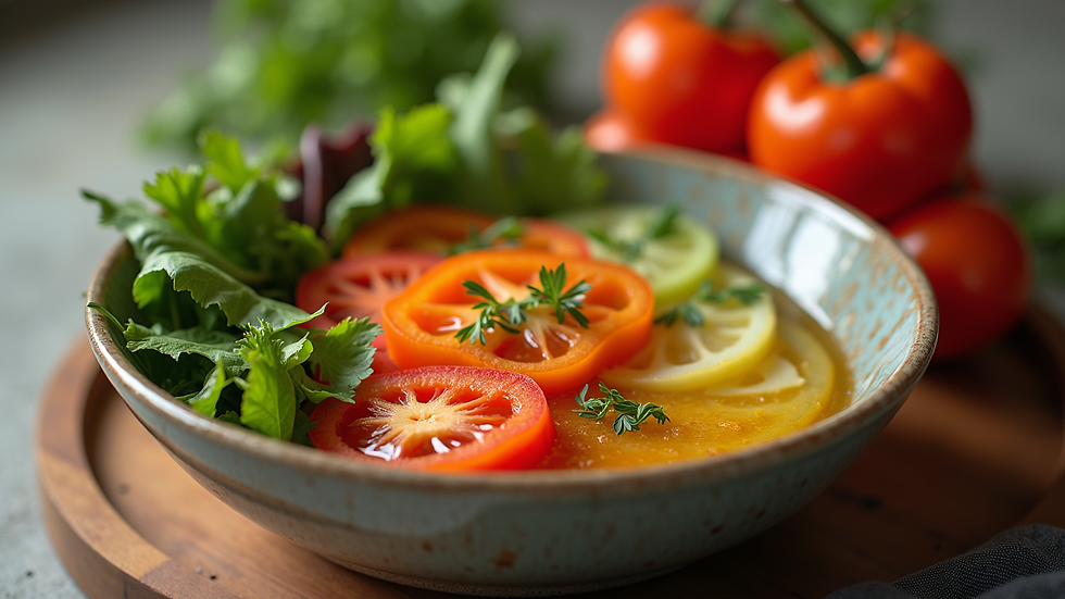 Eye-level view of a bowl with colorful vegetables and homemade dressing
