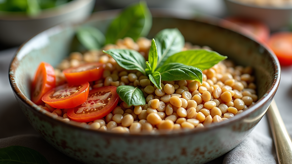 Close-up view of a colorful nutrition-rich bowl with grains and vegetables