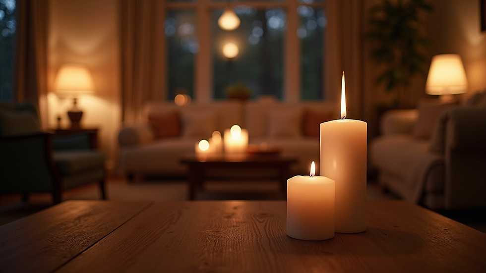 Eye-level view of a cozy living room with dim lighting and candles