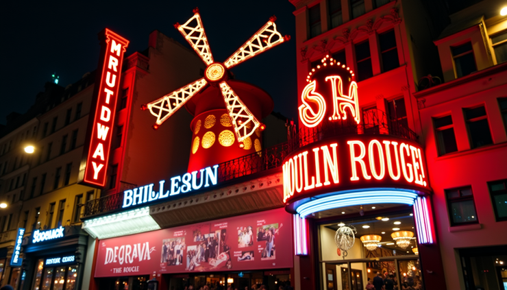 Eye-level view of a Broadway theater marquee lit up at night with Moulin Rouge! The Musical displayed