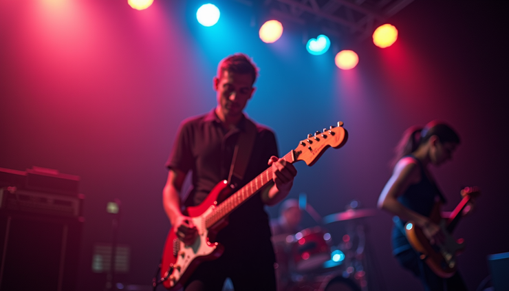 Close-up view of modern concert stage with colorful lighting and electric guitar