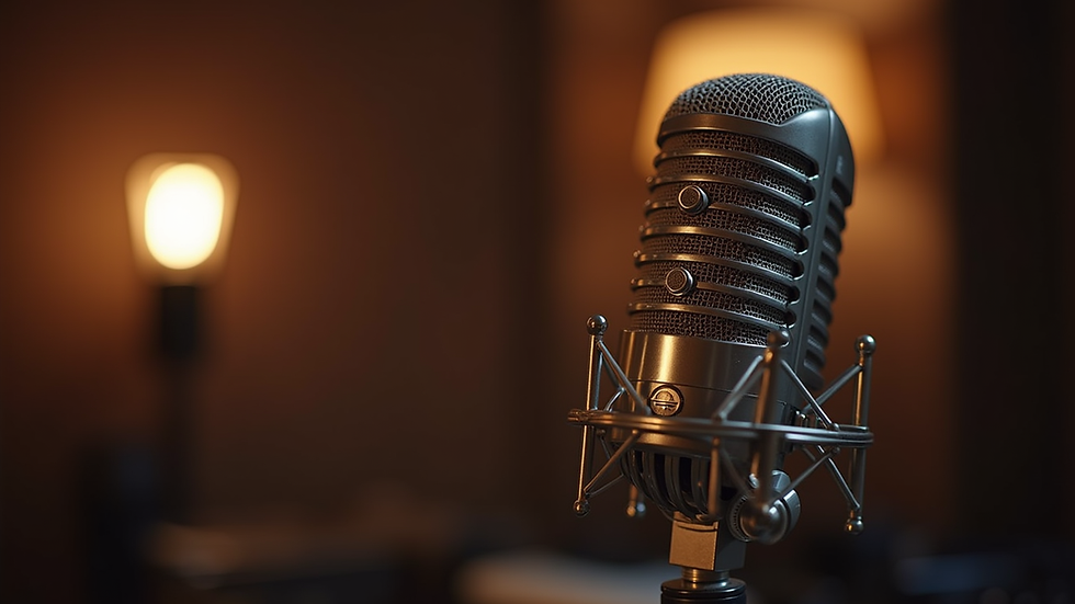 Close-up view of a vintage microphone in a recording studio