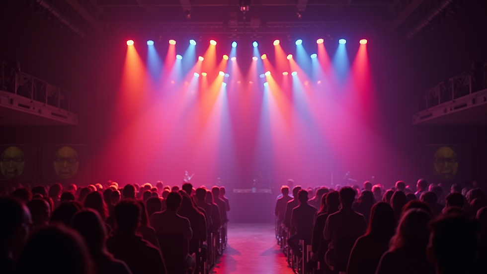 Close-up view of a concert stage with colorful spotlights
