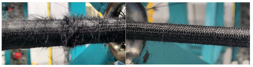 Figure 1: Images of 10mm diameter tubes braided by AMRC using SiC fibres pre-coated in PyC , showing the effect of reapplication of sizing. Left is without sizing, right is with sizing demonstrating minimal damage to fibres.