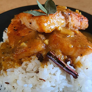 Basa (Swai) Fillets in Mango-Curry Sauce over a bed of Cumin Rice