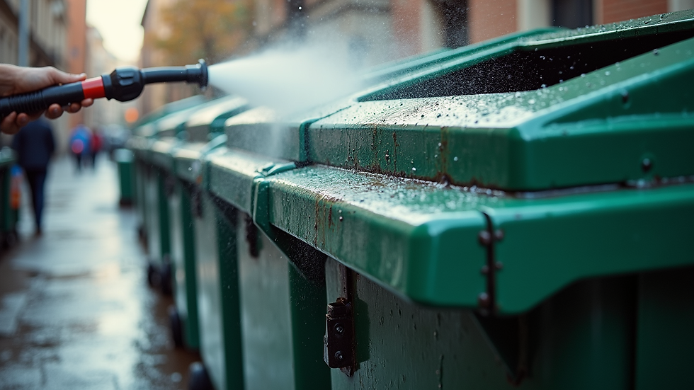 Eye-level view of a commercial garbage bin being cleaned with pressure washing