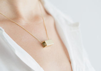 Golden Rectangle Necklace on Neck