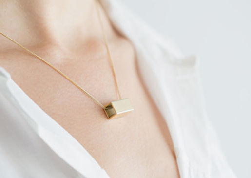 Golden Rectangle Necklace on Neck