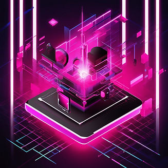 A tech-themed image using a bold colour palette of vibrant pink, jet black, white, and ele