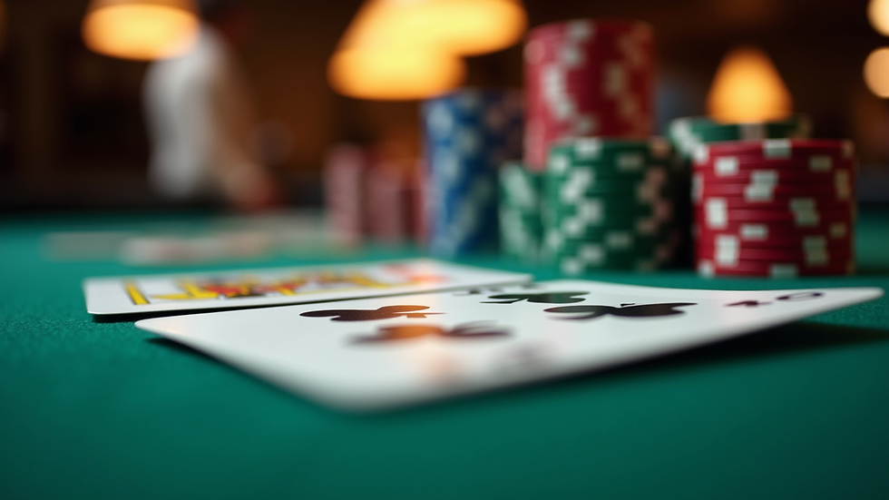 Eye-level view of a casino table with chips and cards
