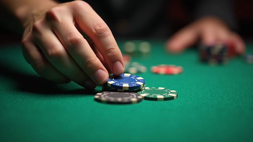 Close-up view of a hand placing poker chips on a green felt table