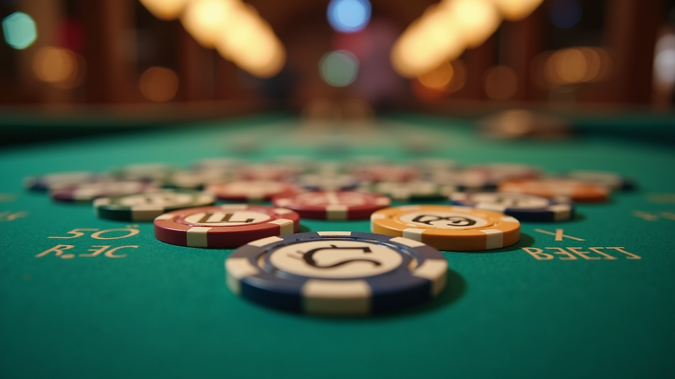 Eye-level view of a casino table with zodiac symbols on chips