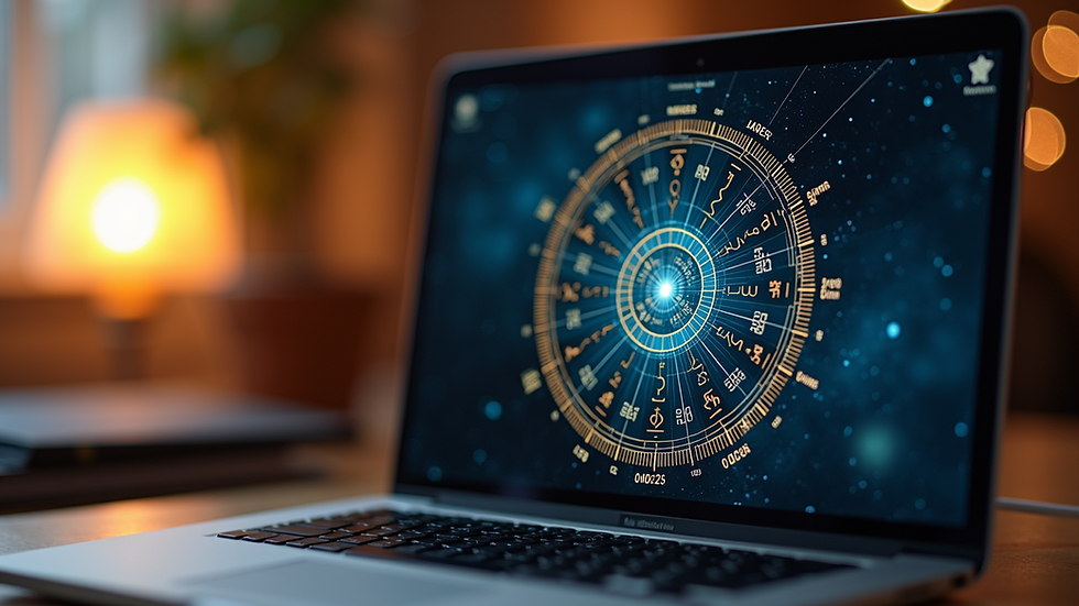 Eye-level view of a laptop screen showing an astrology chart