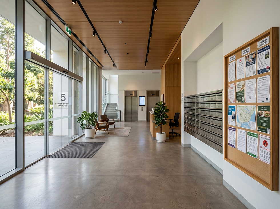 Foyer of an apartment building with natural light and showing the letter boxes