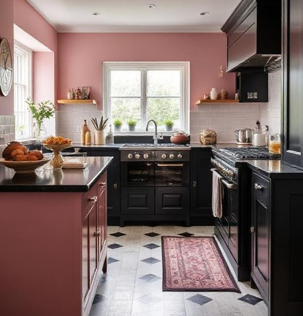 Cozy kitchen with pink walls, black cabinets, and checkered floor. Window shows greenery. Counter has pastries, plants, and cookware.