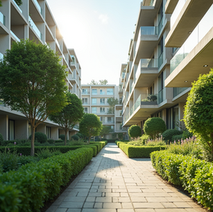 Modern apartment complex surrounded by greenery