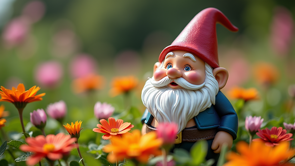 Close-up view of a whimsical garden gnome surrounded by colorful flowers