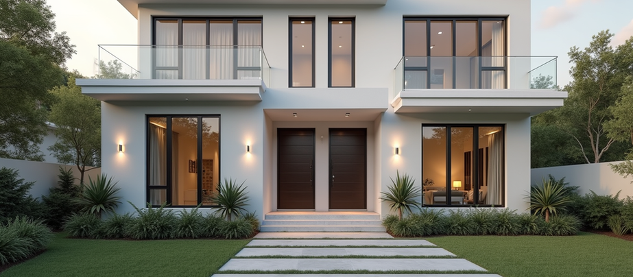 Eye-level view of a modern dual key property exterior showing two separate entrances