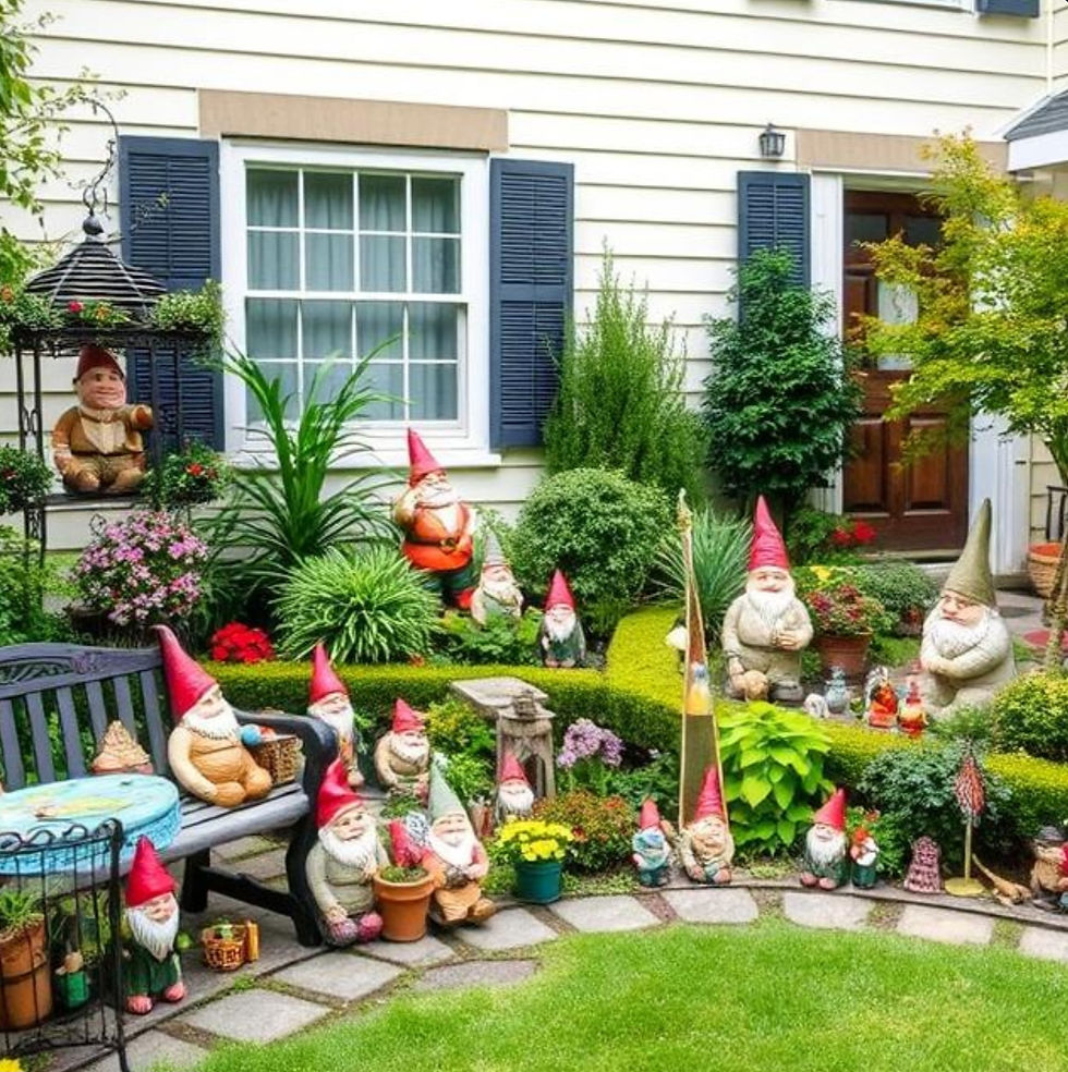 Garden with numerous colorful gnome statues, red hats, surrounding green bushes by a house with white siding and a window; cheerful scene.