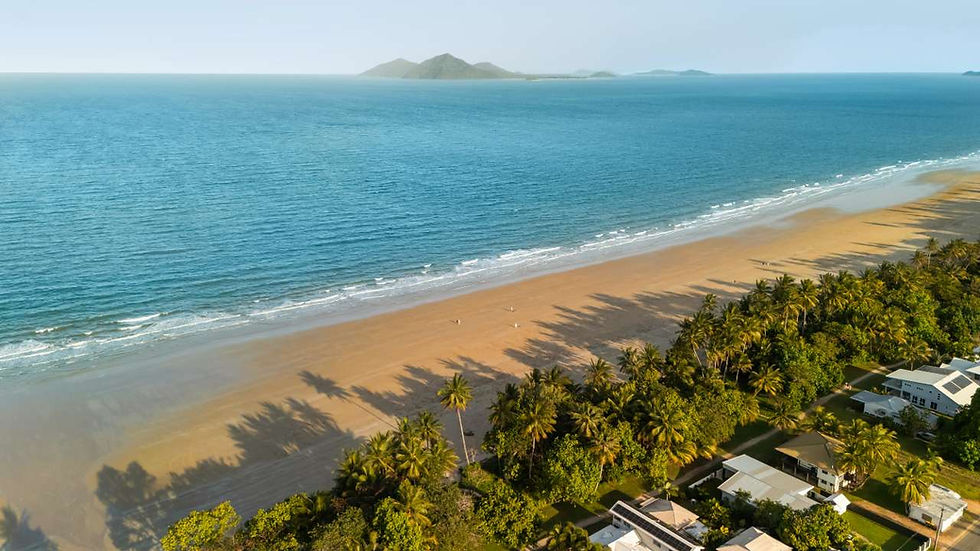 Aerial view of a tropical beach with calm blue water, palm trees, and seaside houses under a clear sky.