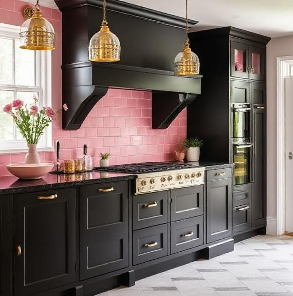 Modern kitchen with black cabinets, pink tile backsplash, gold accents, and pendant lights. Bright, inviting atmosphere with potted plants.