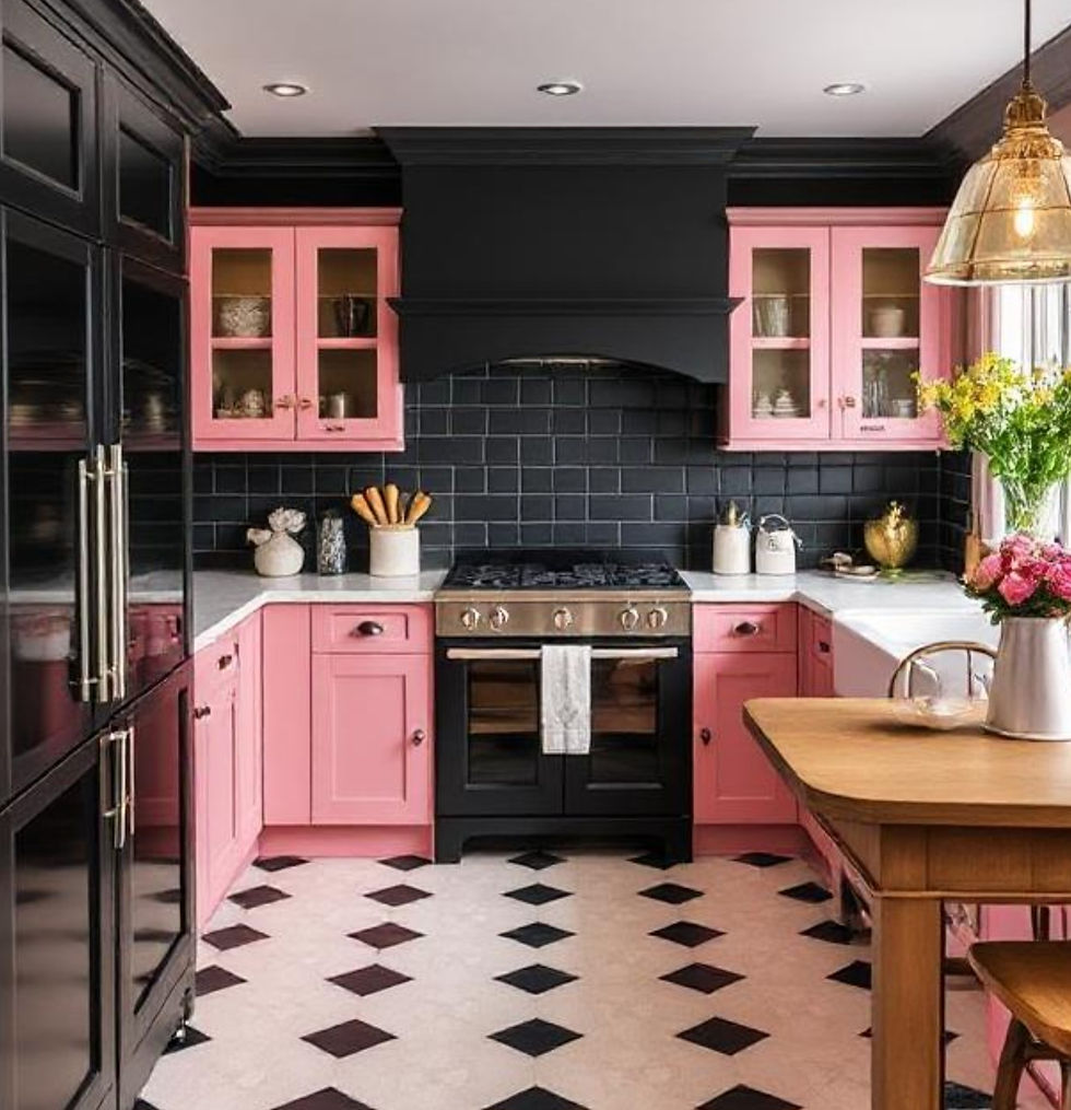 Modern kitchen with pink cabinets, black backsplash, and black-and-white checkered floor. Bright flowers on the wooden table add warmth.